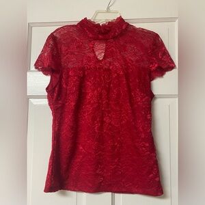 Red lace mock neck cap sleeve blouse